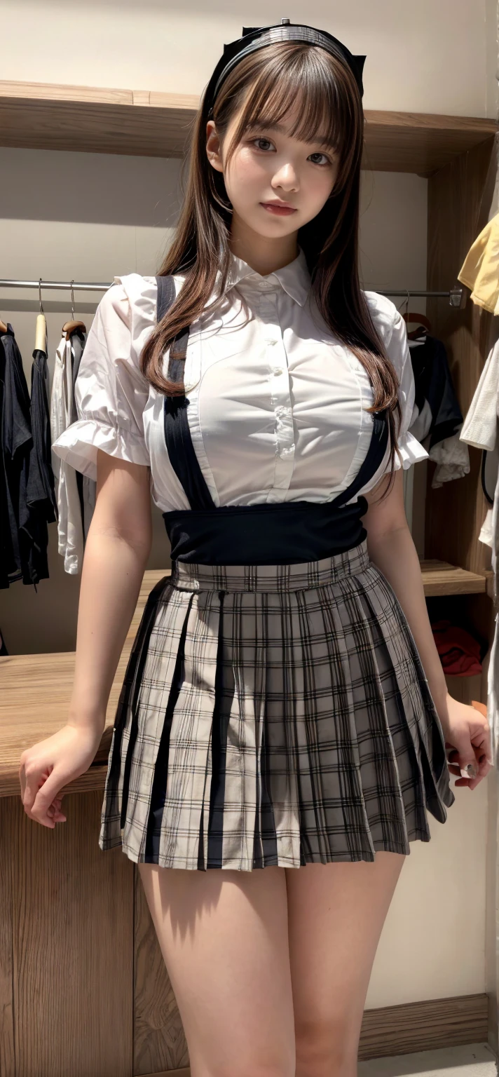 (8K、RAW Photos、Highest quality、masterpiece:1.2)、(Realistic、Realistic)、1 Girl、((Maid Costume:1.2、Thin legs、whole body、View from the front、smile、Looking into the camera、Hold your skirt with both hands and show me your black panties))、cute