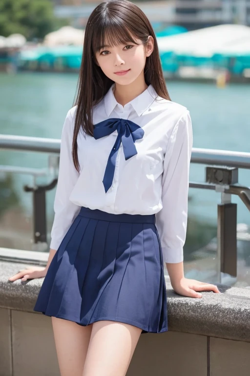 (Tabletop, Highest quality:1.2), 8k, , 85mm, Official Art, RAW Photos, Absurd, White dress shirt, Cute Face, close, Upper Body, Viola Lace, Gardenia, beautiful girl, mini skirt, (Navy Pleated Skirt:1.1), Cinch waist, Thighs, Short sleeve, classroom, ponytail, short hair, short hair, Short Bob, sit on bench seat, Looking at the audience, No makeup, (smile:0.4), Film Grain, chromatic aberration, Sharp focus, Face Light, Bright lighting, Teen, Detailed face, Background blur, (Dark red tie:1.1), Ocean水浴場, Ocean, Sandy Beach, Water's Edge,