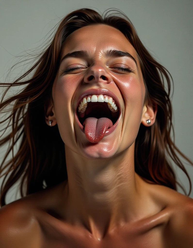 big tits woman crawling while sticking her tongue out and spit is dripping down her tongue