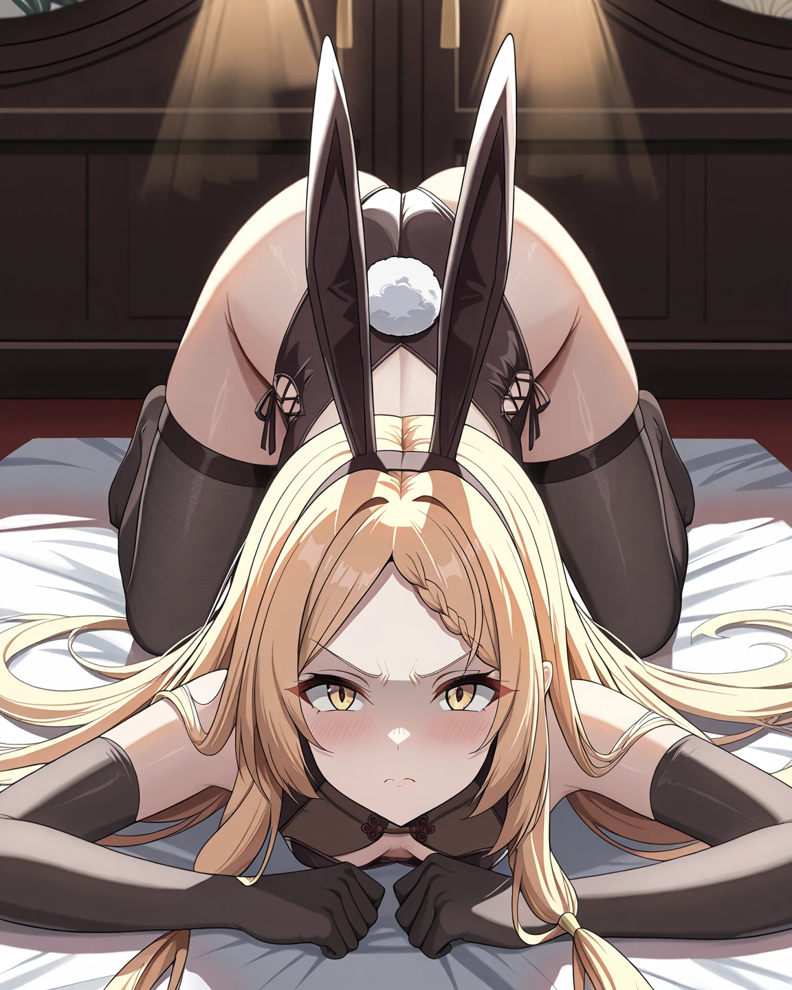 (best quality)), ((best detailed)), (perfect face), 1makeup slim playboy bunny, looking at viewer, gleaming naked full body hip up shot , having doggy style sex with 1boy , penis in the vagina, high heel, beautiful breast and nipple, ((spread Beautiful slim long legs)), from behind shot , Sweat, show off pussy, pussy juice, (ecstasy embarrassed), blonde wet long hair, at bedroom, earring, anklet, elf