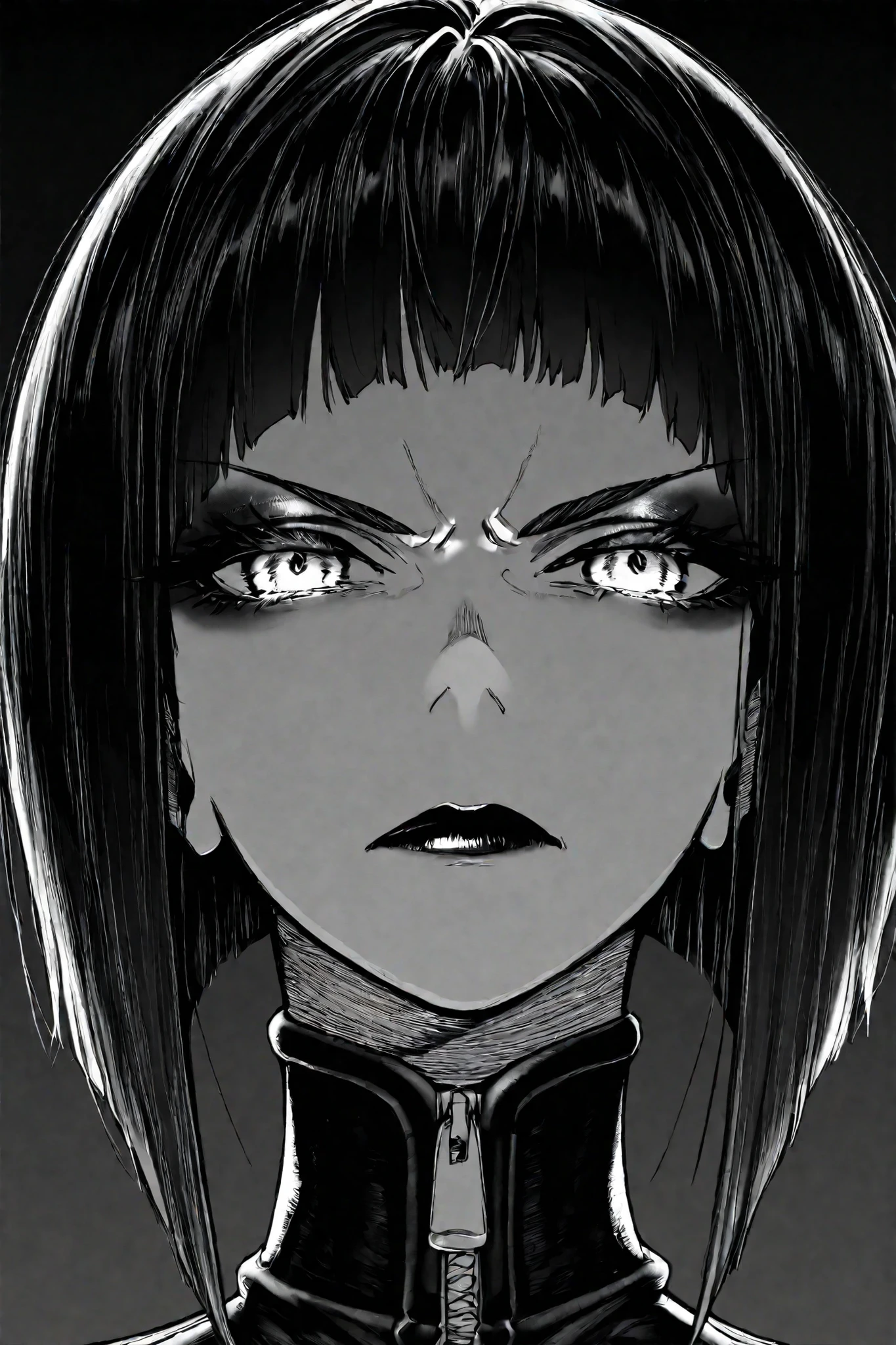 score_9, score_8_up, score_7_up, score_6_up, score_5_up, score_4_up,
BREAK
(masterpiece: 1.0), best quality, perfect anatomy, perfect composition, perfection,
BREAK
cinematic lighting,
BREAK
1girl, portrait, annoyed face, black hair in bob cut. makeup, black and blonde hair, duotone hair, sniper mark iris shape, green eyes, black lips, neon colors, atucag, greyscale, monochrome