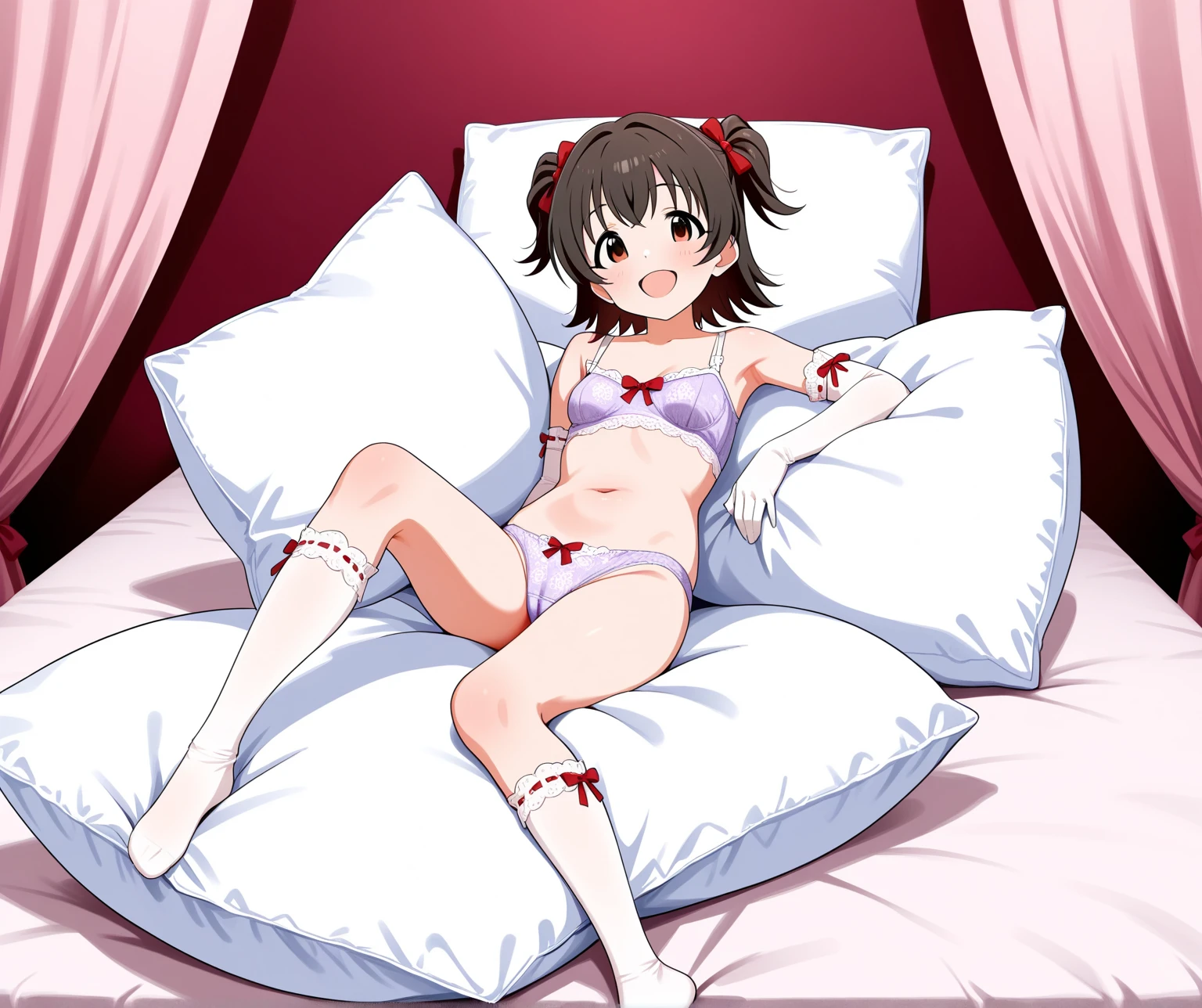 One girl,((Nozomi)),blush,Embarrassed、orgasm face,,slender body,ideal ratio body proportions,Lying down、Leg spread、bed,Pink lace string bra,bottomless,nsfw,((vaginale,black dildo)),A complete depiction of the human body,masterpiece, Highest quality, Game CG, ultra detailed、highres、extremely detailed CG