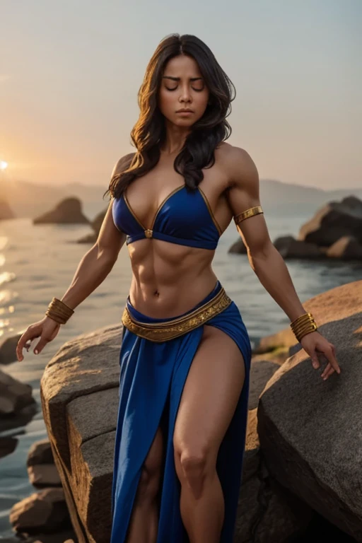 A muscular Aztec Princess with smooth skin and a tanned complexion, tiny waist, full lips, wearing his Eagle warrior costume and Aztec bracelet and Aztec sandals. Sitting on an Aztec throne. Full body photo. ((big breasts) (broced) (defined abs)). The background is a pre-Hispanic temple. hyperrealistic image.