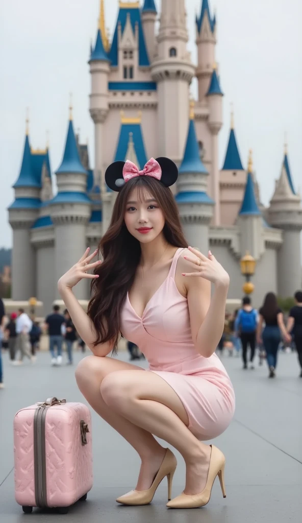 minnie ears young big tits on disney hotel asian and can see disneyworld though the window, with no extra buildings blocing the castle, hd,realistic detailed, full body, minnie outfit