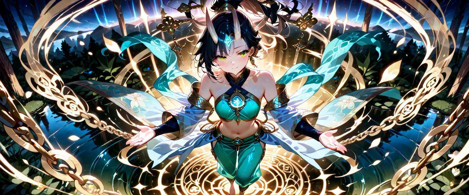 (masterpiece), (extremely detailed background),(extremely detailed faces), (highly detailed),alhaitham\(genshin impact\),1girl, solo, (dancer:1.3), grey hair, turquoise eyes, beautifully detailed eyes, thighs, very long hair, floating hair, bangs over one eye,big breasts, black bra,bare belly, (fake black horns:1.3), outdoor, at night, sky, night sky, moon ,desert, dancing in the oasis,(single braid:1.3),green skirt, mature woman,veil, elbow gloves , gorgeous, calm face, green headveil, mouth closed, golden head circle, elegant
