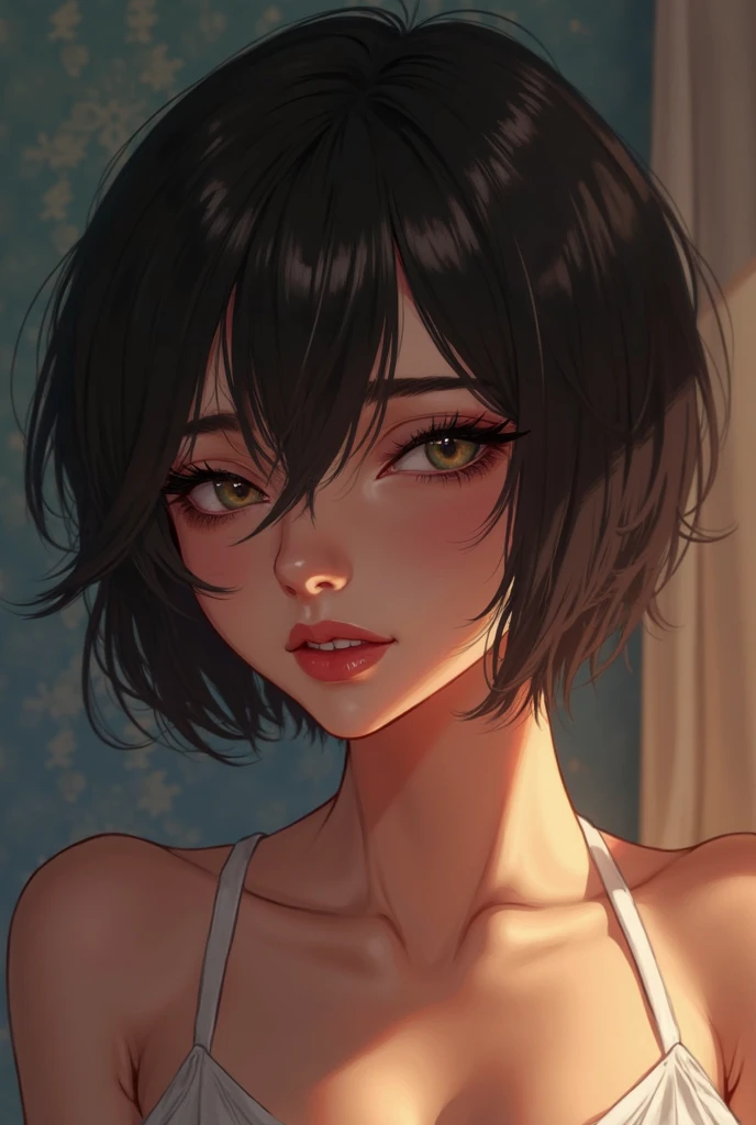 girl at a nightclub sitting at bar, eyeliner (masterpiece) (best quality) (detailed) (8k) (HDR) (wallpaper) (cinematic lighting) (sharp focus) (intricate) freckles, biting lip, short hair, slutty outfit, sexy, blush, aroused, cleavage, shiny , wet skin, girl simulating fellatio, fellatio_gesture, FellatioGesture, girl pretending to stroke penis