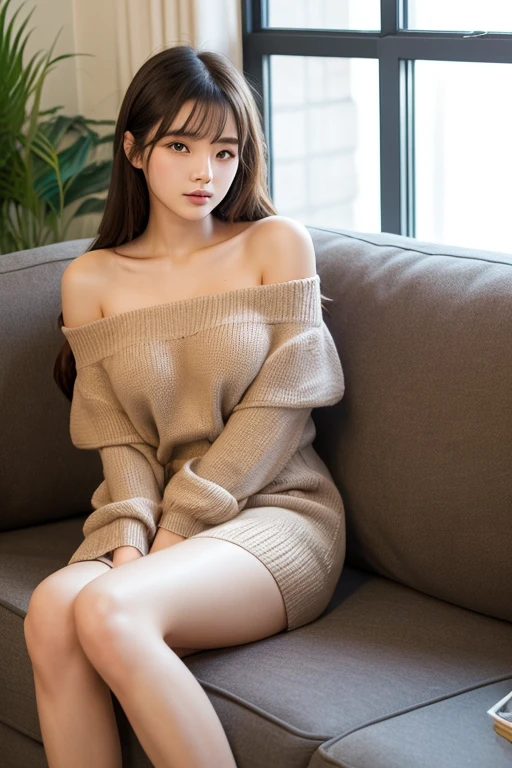 woman, from top, only grey knitted sweater, cute face, sit, bed, brown hair, thick thighs, small waist, big breasts, soft light, sunlight, (best quality, masterpiece, RAW 8k photo, 8k, extremely detailed, detailed delicate skin, professional photography, photorealistic)
