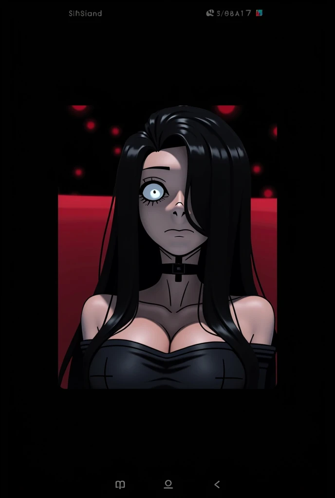 monochrome, red, [explosion: aura, power, menacing:0.2], looking at viewer, detailed red iris, thick thighs, dark ,darkness, horror, absurdly long hair, flat chest, sitting, on sofa, living room, smirk, from below