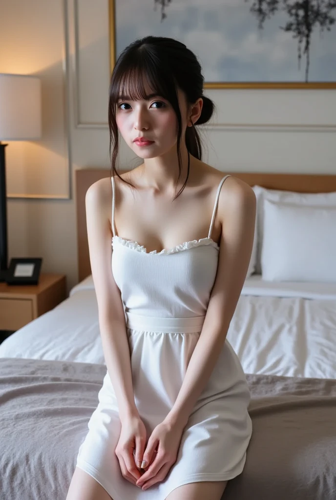 slim figure, camisole, full body, single girl, small bust, photo, realistic, best quality, adopted, detailed face, business hotel room window, building from window, detailed background, diffused sunlight, depth of field, bokeh