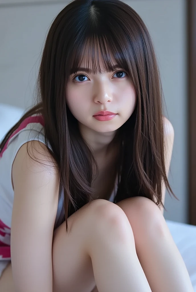 ((masterpiece、highest quality、High resolution、nffsw、perfect pixel、8k、nffsw、nffsw)))、One 20-year-old woman、I could see the whole body、(Wearing a white tank top and white knee-length skirt:1.5)、((roll up the skirt yourself:1.5、I saw pink underwear:1.4))、(Long bob hairstyle:1.5、With bangs、brown hair)、beautiful eyelashes、Double eyelids、realistic目、((detailed face、blush:1.2))、((smooth texture:0.75、realistic texture:0.65、realistic:1.1、big and full breasts、dynamic angle、perfect body))、Angle looking up from the floor、Very embarrassed、