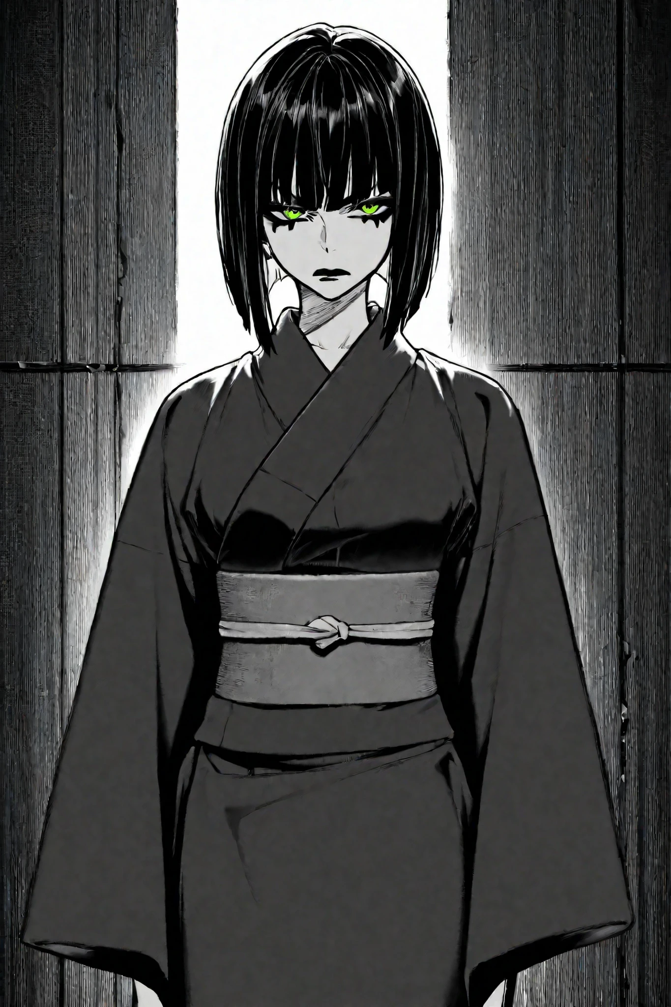 score_9, score_8_up, score_7_up, score_6_up, score_5_up, score_4_up,
BREAK
(masterpiece: 1.0), best quality, perfect anatomy, perfect composition, perfection,
BREAK
cinematic lighting,
BREAK
1girl, cowboy shot, wearing kimono, annoyed face, black hair in bob cut. makeup, black and blonde hair, duotone hair, symbol eyes, sniper mark iris shape, green eyes, black lips, neon colors, atucag, greyscale, monochrome