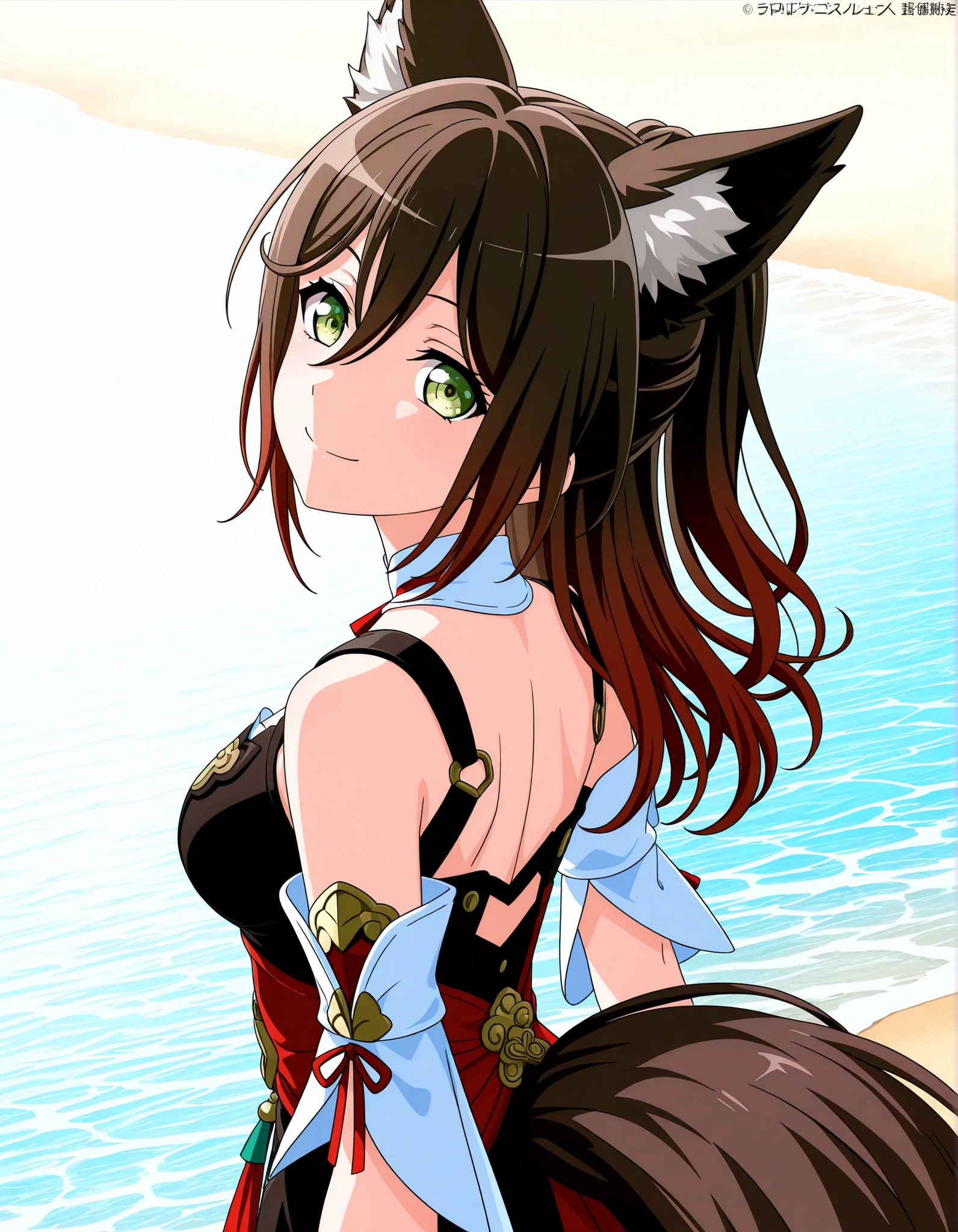 masterpiece, best quality, highres, standing, outdoors, looking at user, 1girl, Sicurus, animal ears, one brown animal tail, <lora:AiSicurus_11:0.86>, <lora:aiue-lora-v1-128dim-3ep-naivae (1):0.5>, (front view), black bikini