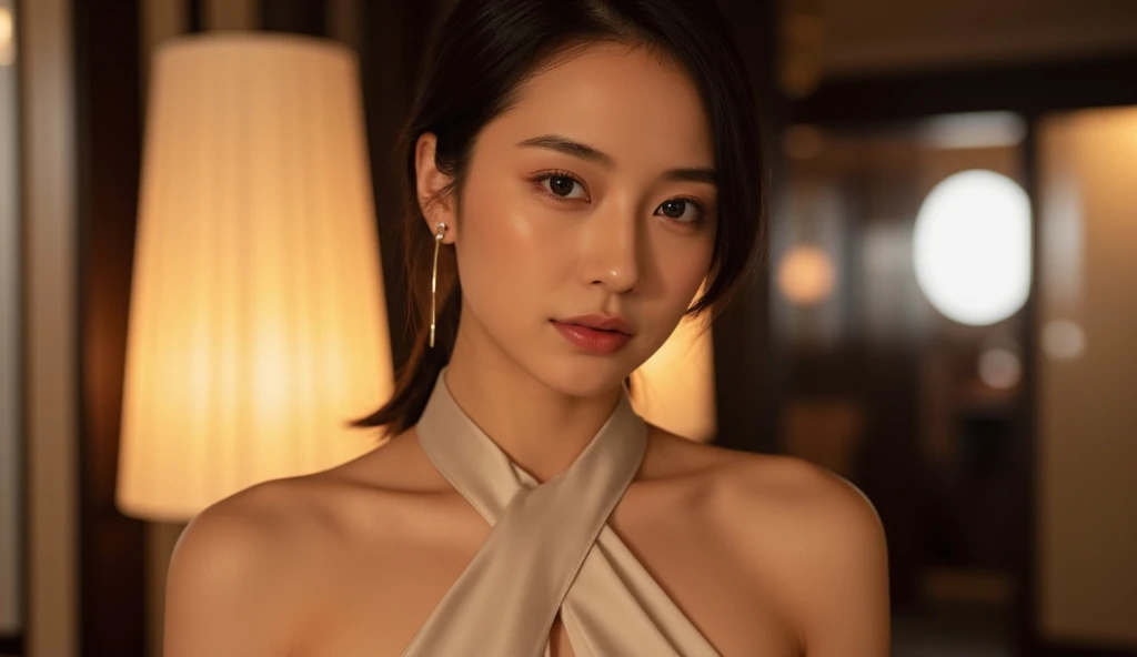 (masterpiece:1.2), Very detailed, Ultra-high resolution, (Realistic, photo Realistic:1.6), High-resolution RAW color photos, Professional photos, Sharp focus:1.2, (Very detailed顔と肌の質感, Very beautiful eyes, Glossのある肌, Glowing Skin, Glowing Skin, Shining Face, Gloss, Oily skin, greasy face, Oily skin, greasy face,), (real Glossのある肌 texture), Perfect Anatomy, Very detailed背景,(Luxury resort at night),1 female,short hair, Straight hair, bangs, Brown Hair,((Flat Chest:1.6)), (((Gorgeous and sexy, high-quality silk cool-toned dress)))、 (((Take off、Upper body naked:1.3))),((Wet))、Luxury earrings、Luxury Necklace、Smiling faintly、After sex,(Bend forward)