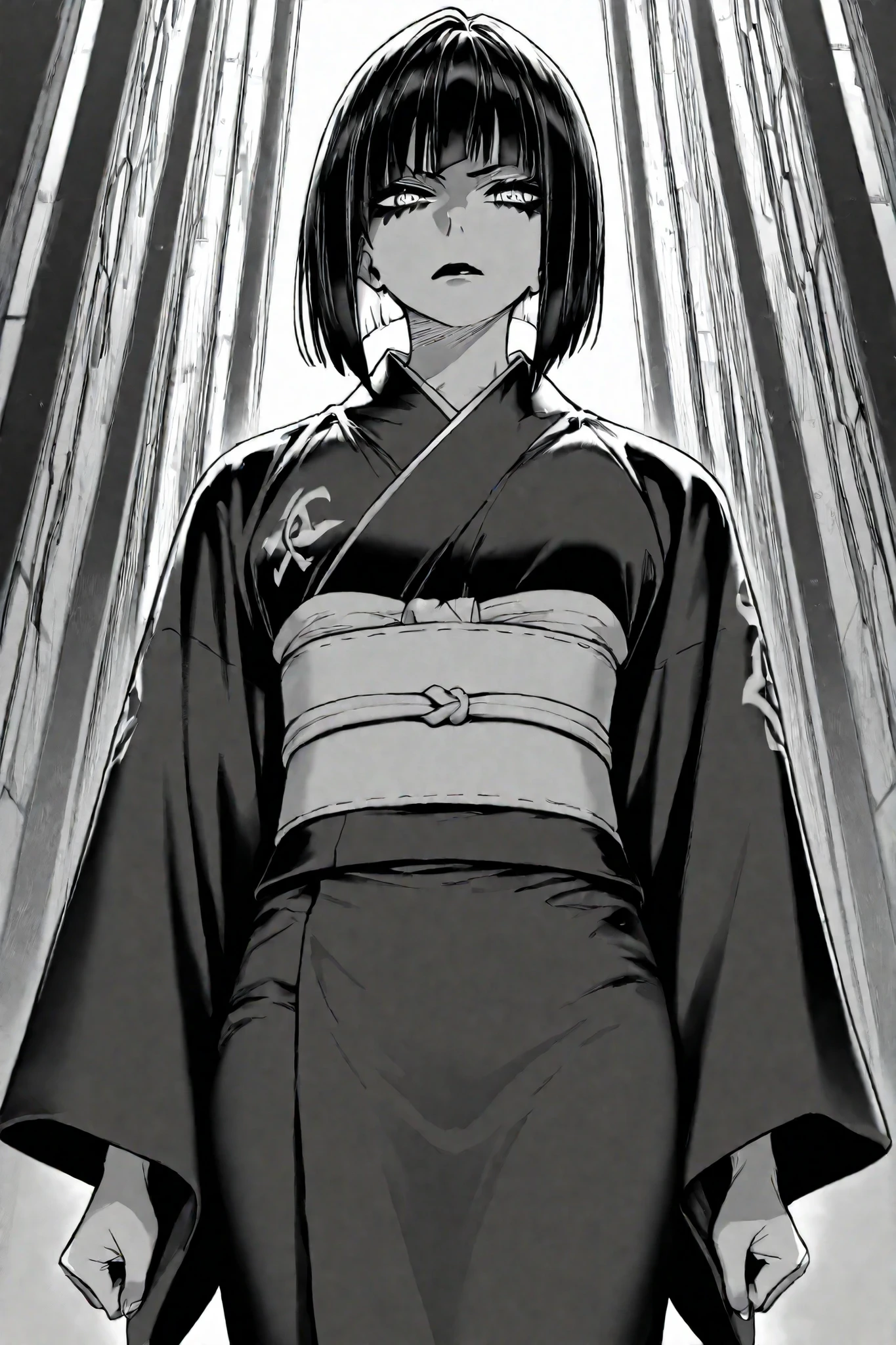 score_9, score_8_up, score_7_up, score_6_up, score_5_up, score_4_up,
BREAK
(masterpiece: 1.0), best quality, perfect anatomy, perfect composition, perfection,
BREAK
cinematic lighting,
BREAK
1girl, cowboy shot, wearing kimono, annoyed face, black hair in bob cut. makeup, black and white hair, duotone hair, symbol eyes, sniper mark iris shape, black lips, neon colors, atucag, greyscale, monochrome