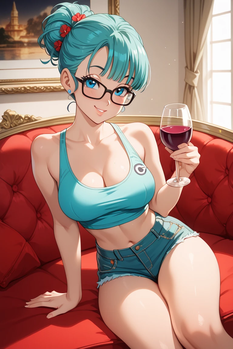 Cute sexy nervous woman with thick long messy curly blue hair with glasses with tattoo blushing with bright earrings with thick thighs and big chest in sexy position in sexy cute outfit at a bar at night with butt out scoffing with headband