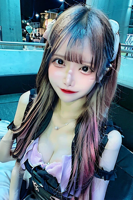 (1 girl),(Dynamic poses),(multicoloRed hair+Silver Hair:1.3+Red hair:1.2+Purple Hair+Yellow hair:1.3+Green Hair:1.3),(blue eyes),(Neck strap),(floating),(cloud),(too many drops of water),(twilight),(watercolor),(Wide-angle lens)