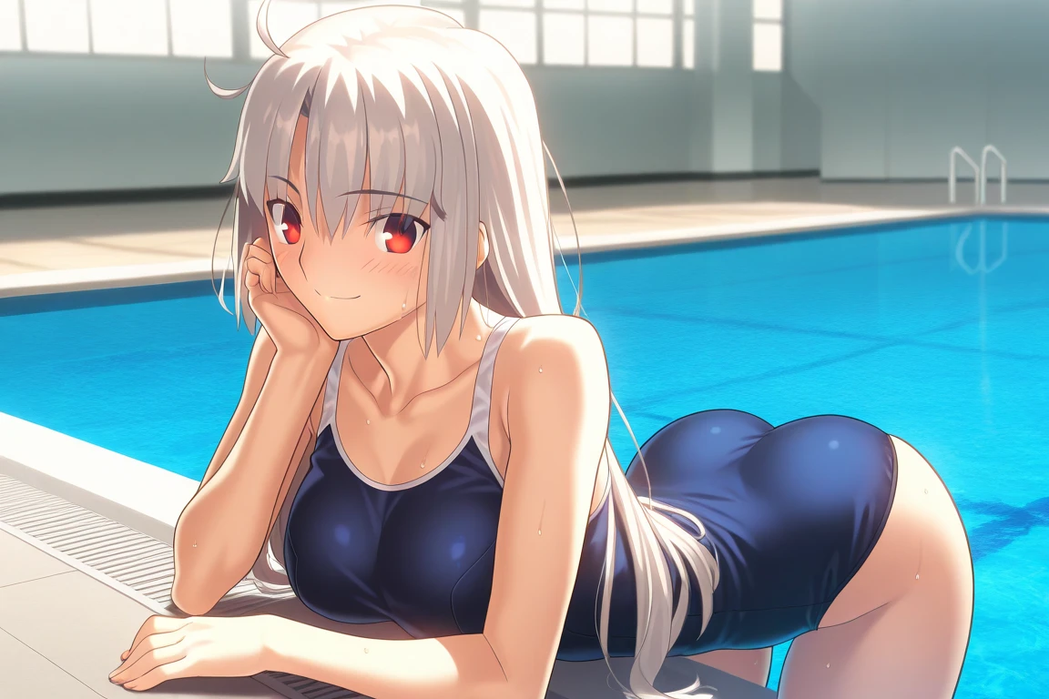 1girl, alone, nano eiai, red eyes, blue-white hair, long hair, Pov (from the front), Masterpiece, Best quality, 1 girl, solo, bikini, white bra, white string thong, White shirt, Wet shirt, Open shirt, Legs crossed, sitting, sitting on the sand, Beach, Sea, long_hair, closed mouth, medium tits, medium waist, medium hips, Wide thighs, looking at her own  in a bikini, Smile (wet clothes, transparent: 1.2), (White shirt), Wet, closed mouth, smile, Landscape urban, (gray sky, rain:1.3),