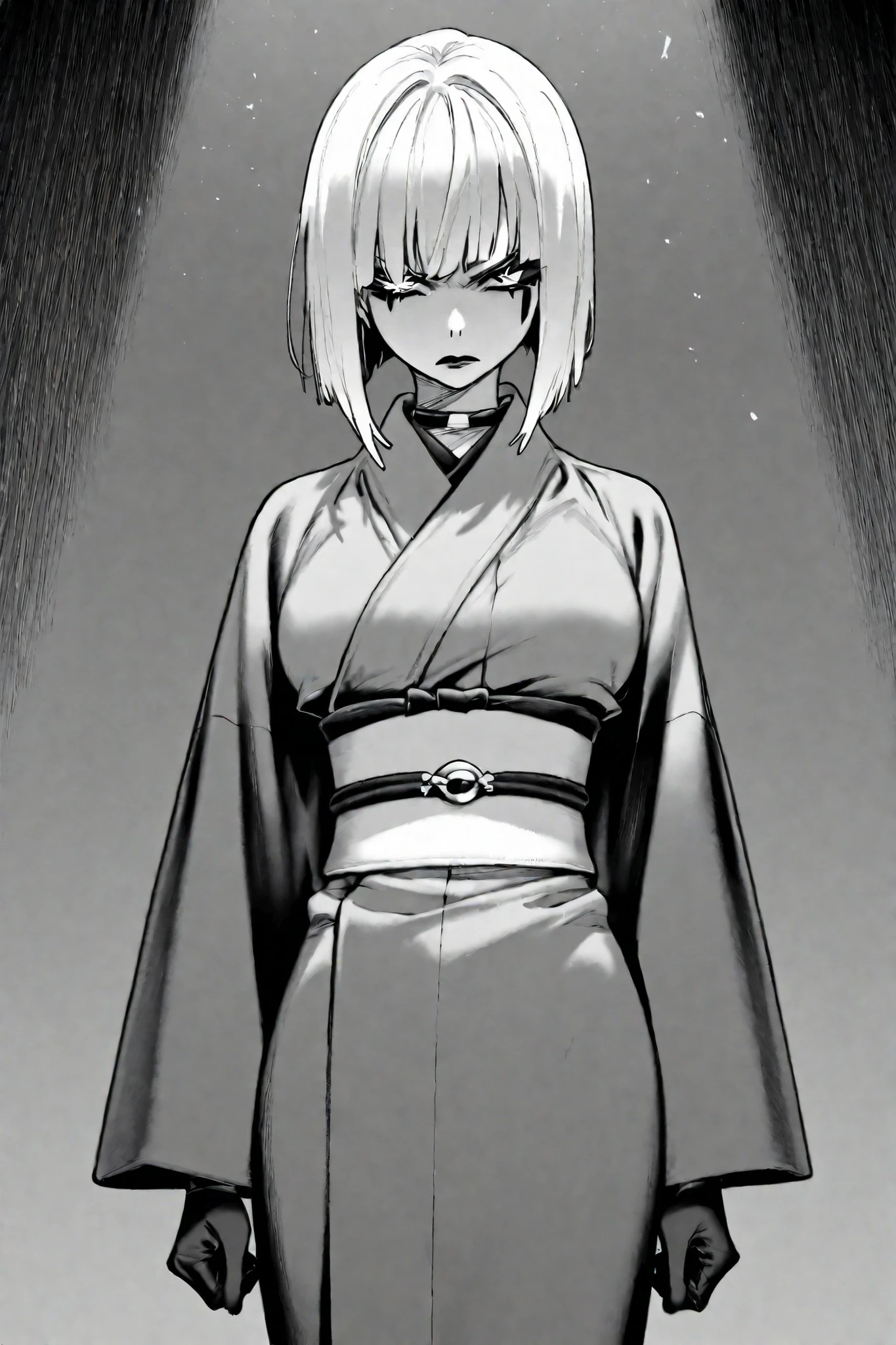 score_9, score_8_up, score_7_up, score_6_up, score_5_up, score_4_up,
BREAK
(masterpiece: 1.0), best quality, perfect anatomy, perfect composition, perfection,
BREAK
cinematic lighting,
BREAK
1girl, cowboy shot, wearing kimono, annoyed face, bob cut. makeup, black and white hair, duotone hair, symbol eyes, sniper mark iris shape, black lips, neon colors, atucag, greyscale, monochrome