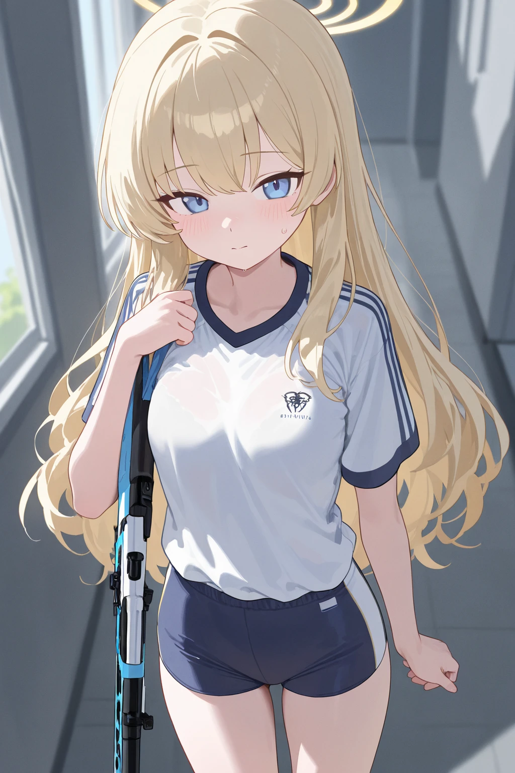 absurd, masterpiece, best quality, realistic, hyper-detailed, (shiny skin, sweaty:1.4), looking at viewer, 1girl, solo, tennis wear, white polo shirt, white sneakers, white miniskirt, ponytail, light brown hair, black eyes, slender, (thick thighs:0.6), dynamic lighting, high resolution, sharp focus, depth of field, detailed eyes, sharp pupils, realistic pupils, (small breasts:0.7)