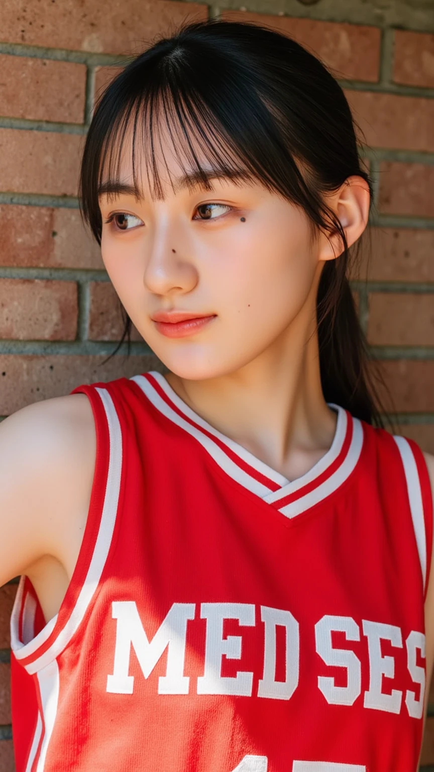 top-quality,.masterpiece,Raw photography,8K,Top image quality,Top resolution,Beautiful face in every detail,Very detailed,Gentle expression,One lady,realisitic,photo realisitic,Bery short hair,Beautuful Women,cute Japanese girls,mannish,Pretty Woman,Her eyes are big,20-year-old beauty,her face is small,small head,long neck,pale skin,Spot-free skin,With bangs,eight heads tall,basketball red uniform,skinny body,Sweat , wet,face focus , leaning forward ,arched back,contrapposto,from side,look at viewer