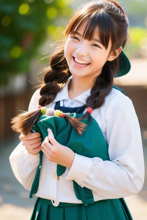 masterpiece, highest quality,, One girl, Sitting, animal, animal ears, bird, black_hair, Book, Bookmark, branch, gloves, Grass, green hair, Holding, Holding Book, Food, Food down, leaf, View your viewers, multicolored hair, open_Book, partially fingerless gloves, pen, plant, Pouch, 羽pen, read, Sitting, smile, alone, tail, wood, wood stump,, null, sun, Mountain, forest, lake
