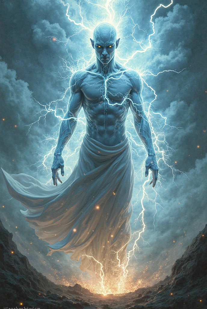 Dark-skinned young man with special abilities. The background is lightning.
