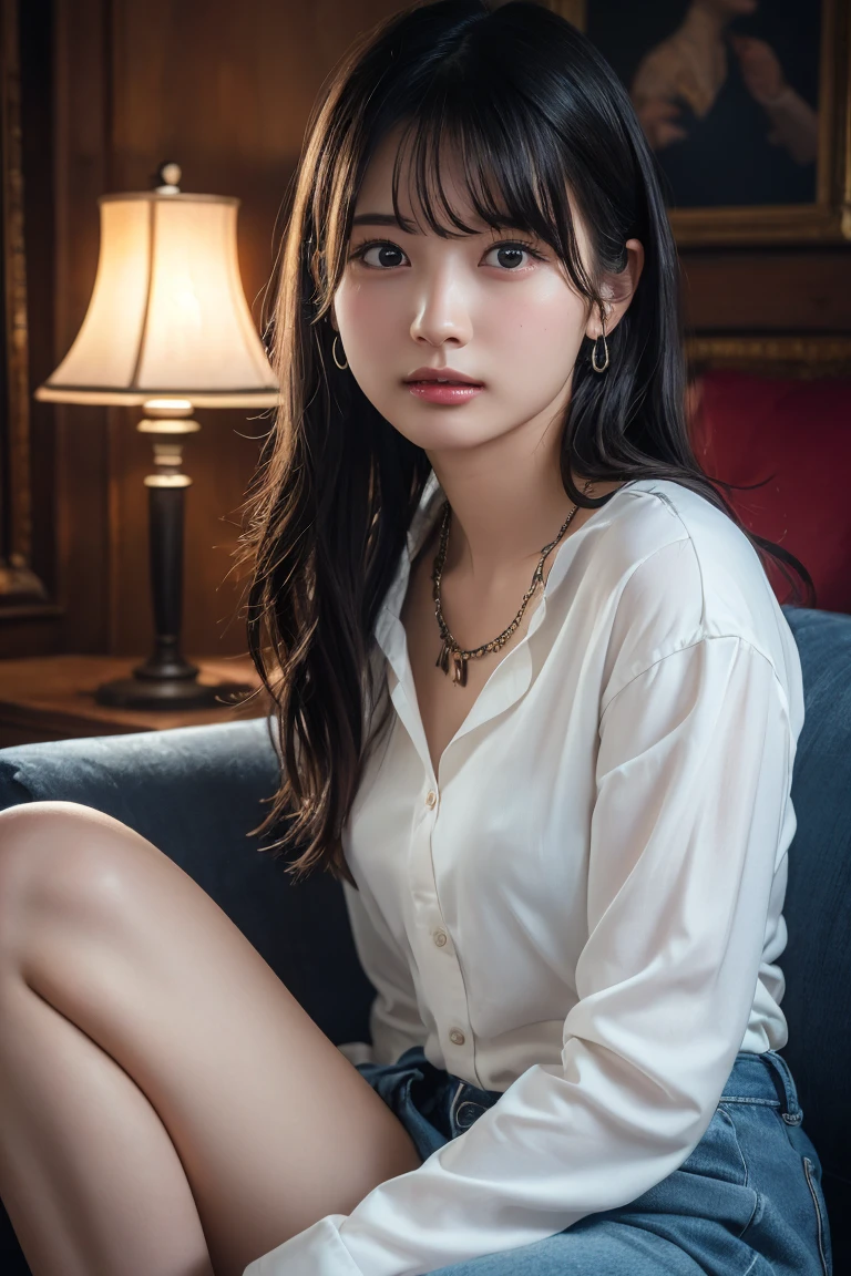 (Highest quality:1.4),(masterpiece:1.4),(Realistic:1.4),(Realistic:1.2),(超High resolution, RAW Photos:1.4),(High resolution, Very detailed:1.2),(8K:1.2),View your viewers,Cinematography,One Girl,skeletally correct，Black-haired woman，(Small earrings，necklace，Witch Cosplay，View from the front),（Inside the Western-style building，Dimly lit room，The lamplight shines on my cheeks，Sit on the sofa）