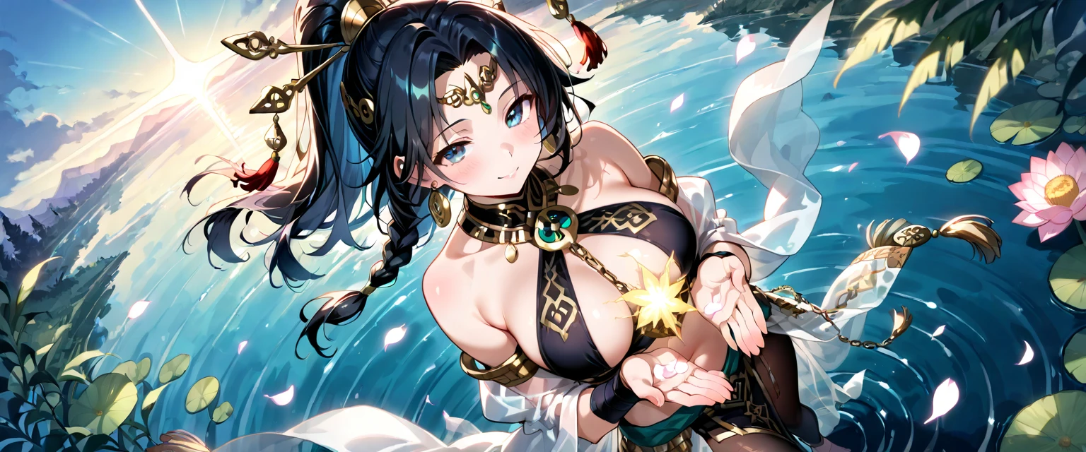 Masterpiece、need、1 woman、blue clothes、Traditional Thai dress, blue strapless、full body photo、ancient thai style、 White cloth buns, steamed buns、black hair、Leaky shoulder、The chest is large.、Long, slender legs、smile、black stockings、ริมฝีปากpinkอ่อน、Embroidered clothing、high-heels,(big tits),sexy, slightly seductive expression, big breasts,Show your breasts,The cracks are clear....,((big tits)),(pubic bone), rift, visible chest,seductive pose,I see bulging nipples.,(((large areolae:1.4,pink,The nipples are clearly visible.......)))