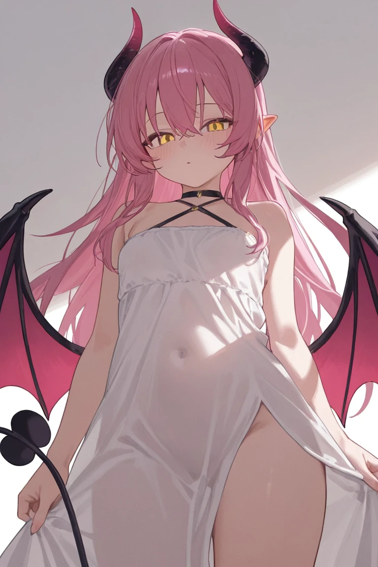 Kitagawa Marin, 1girl, red hair, two side up, long hair, green eyes, pointy ears, demon horns, navel, demon tail, demon wings, crop top, long sleeves, frilled shirt collar, frilled panties