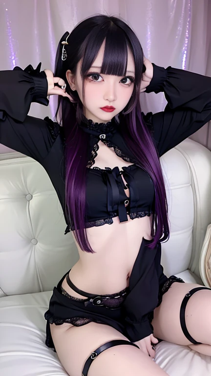 best qualtiy, tmasterpiece, 超高分辨率, (realisticlying:1.4), RAW photogr, 1girll, ((Black lace nightgown)), ((36D big breasts)), huge tit,cold light,Wearing black stockings,with pink hair,Raised sexy