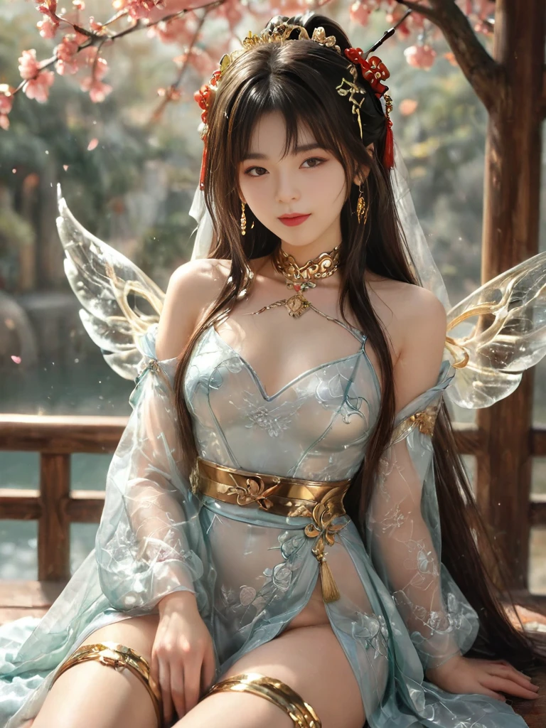 AncheReddressgirl, (masterpiece, best quality:1.2), 1girl, 独奏, In the depths of Wonderland,The moonlight falls like water,foggy room,The figure of the heroine is vaguely visible,Just like the fairy in the painting,Slender sexy legs,Very nice legs,Leaking sexy legs,Big breasts,Beautiful with a hint of mystery。Her face is beautiful and delicate,Like finely carved jade,Showing otherworldly beauty。The eyebrows are picturesque,The waves in my eyes are like twinkling stars,Show the light of perseverance and wisdom。The bridge of the nose is straight,Lip color like cherry,The slightly raised corners of the mouth reveal confidence and calmness。Her face is well defined,The skin is as fair as jade,Reveals a healthy glow,Just like a fairy, she never eats fireworks in the world。Her makeup is light and delicate,Not too much embellishment,But enough to show her temperament and charm。Light-colored foundation brings out the transparency of the skin,A light eyebrow pencil outlines her perfect eyebrow shape,Eye makeup is eye shadow and eyeliner,Make her eyes brighter and more energetic。Lips painted with grace lipstick,Adds a bit of charm and sophistication。Her clothes are graceful and chic,Clothes flutter,It seems like it will be blown up by the wind at any time,drifting into the distance。Without losing grace,Also showed her extraordinary skills。A wide belt is tied around the waist,There is a crystal clear jade pendant hanging on it,Rocking with her movements。Her hair is tied back casually,Secure it with a hosta,A few strands of hair are fluttering gently in the wind,Adds a bit of softness。Her figure is looming in the fairyland,宛如一道Big breasts beautiful的风景线,attracted everyone's attention。She seems to be a fairy in wonderland,Big breasts beautiful、grace、mystery、and full of power。