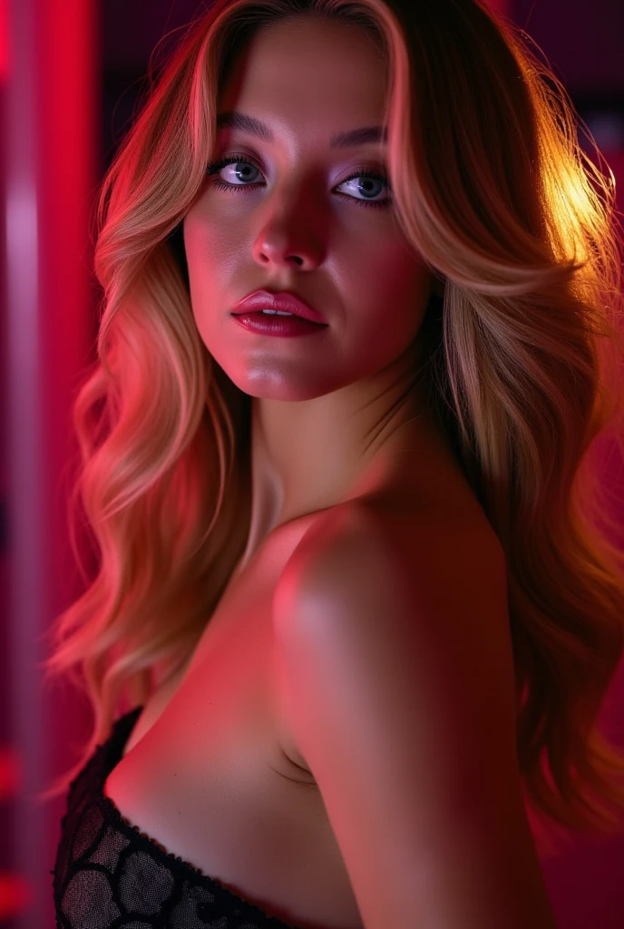 absurdness quality. natural lighting. hyper- realism. Fantastic illustration. in the red robe, hair blonde, getting out of the shower, having oral sex, on top of a building with the city of São Paulo, at night, with the full moon in the background.