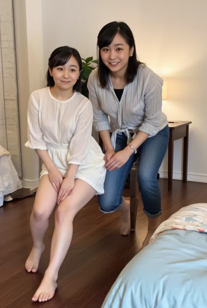 （8K、​masterpiece、top-quality、Top image quality、Top resolution、hyper realisitic、ighly detailed、Realistic）、２Man Woman、Nipples are erect、(Wearing small underwear:1.2)、 smiling for the camera、Indecent pose、（The walls are dirty、Garbage scattered throughout the room、Lots of colorful toys and underwear scattered around）、Futanari