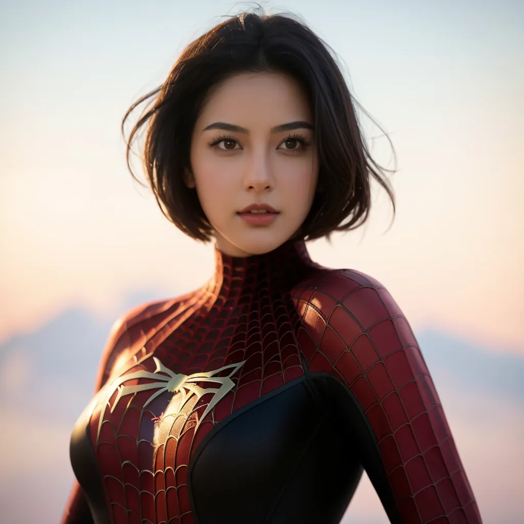 "An intricately-detailed depiction of a mexican woman in a Spider-Man cosplay outfit, showcasing her defined body and medium breasts in the cleavage area, complete with an action-packed pose and a dynamic angle."