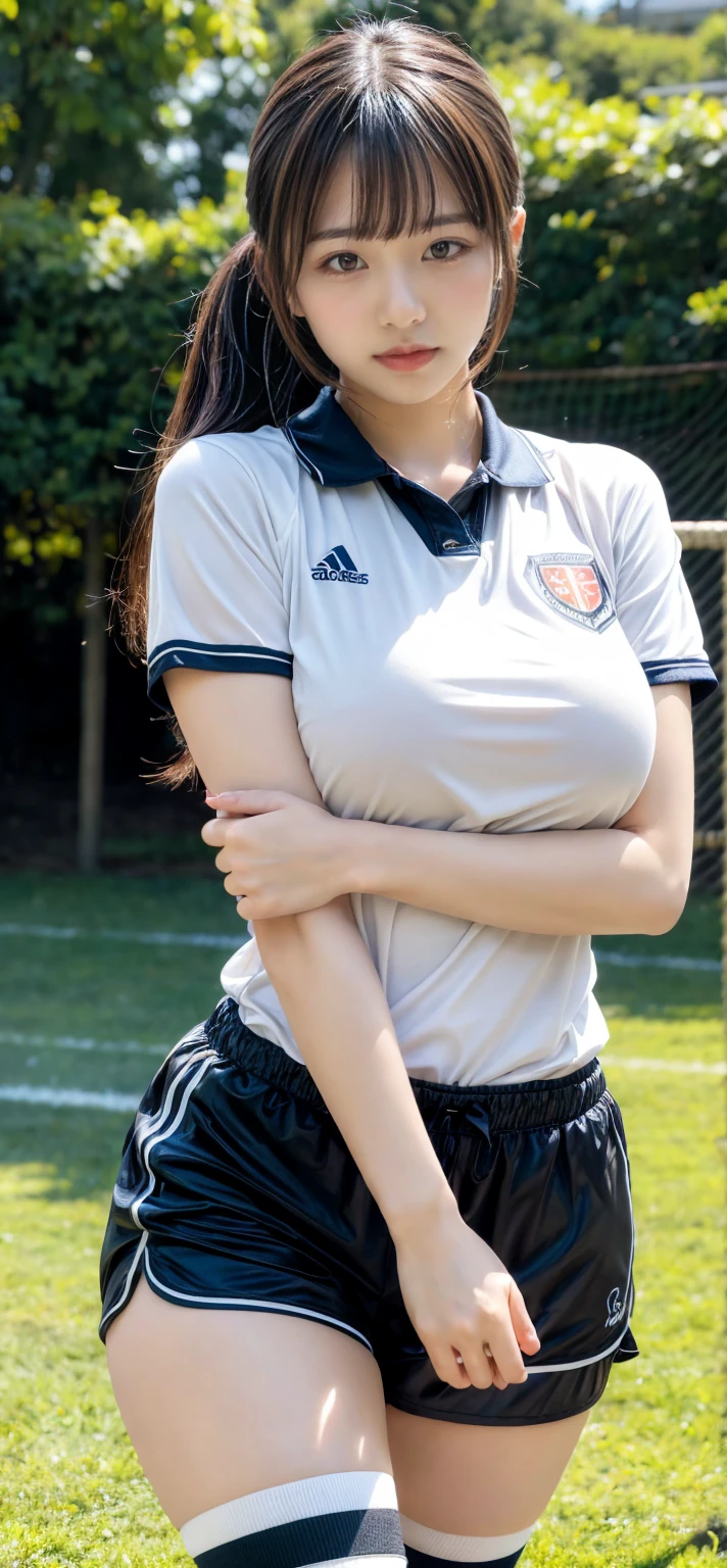 master piece, best quality, realistic, photorealistic, ultra highres, shiny skin, 1girl, solo, (very long hair) <lora:epi_noiseoffset2:1>, zydG <lora:zyd232_ChineseGirl_v4_2:0.4>, brown hair, eyelash, cute girl, kawaii, cute, cute face, pretty face, thick hair, straight hair, young, make up, powder blusher, beautifully detailed eyes, eye make up, double eyelid, tear bag, supermodel, (skinny, slender, narrow waist:1.4), (huge breasts:1.3), (soccer player uniform), cowboy shot, far shot, standing, looking at viewer, blush, ponytail, wristband, closed mouth, arms at sides, (soccer field, day:1.2), (nipple cutout, nipples), clothing cutout <lora:nipple cutout by Goofy Ai:0.8>