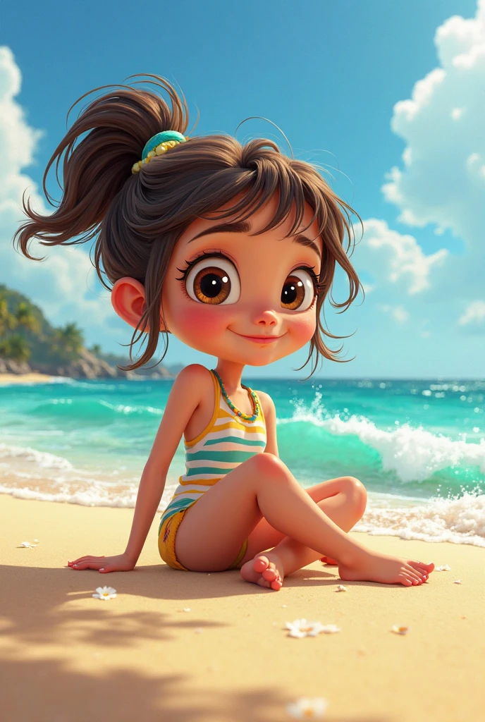 Young girl, face, shipwrecked on a desert island, by the sea, beach, sitting by the fire warming a sardine with a stick, anime style, 3D, hyper-realistic, detailed drawing, (masterpiece), (realistic), 8k, RAW photo, very wide shot, octane render, unreal engine, volumetrics dtx, (film grain, bokeh, blurry foreground)