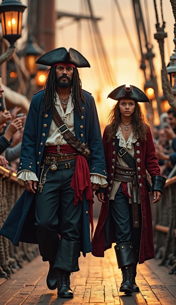 "In a lively pirate setting, The two brothers, Tomás and Sofia, both 10 years old, are hugging their uncle, Captain Bluebeard. O Captain Bluebeard tem uma barba grande e azul, flowing in the wind. They all have big, bright eyes, full of wonder and courage. Tomás smiles proudly at Sofia, who holds a treasure map excitedly. Ao fundo, the pirate ship sails calmly under a starry sky, creating a warm and emotional scene."