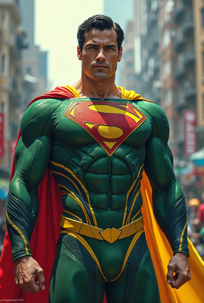 The photo was taken in a rural area. The vegetation is lush and green, and the trees are tall and shady. The ground was covered in dirt and grass. There's a building in the background, but it's too far away to see any details. The man in the photo is wearing a superhero outfit, indicating that the weather is warm.