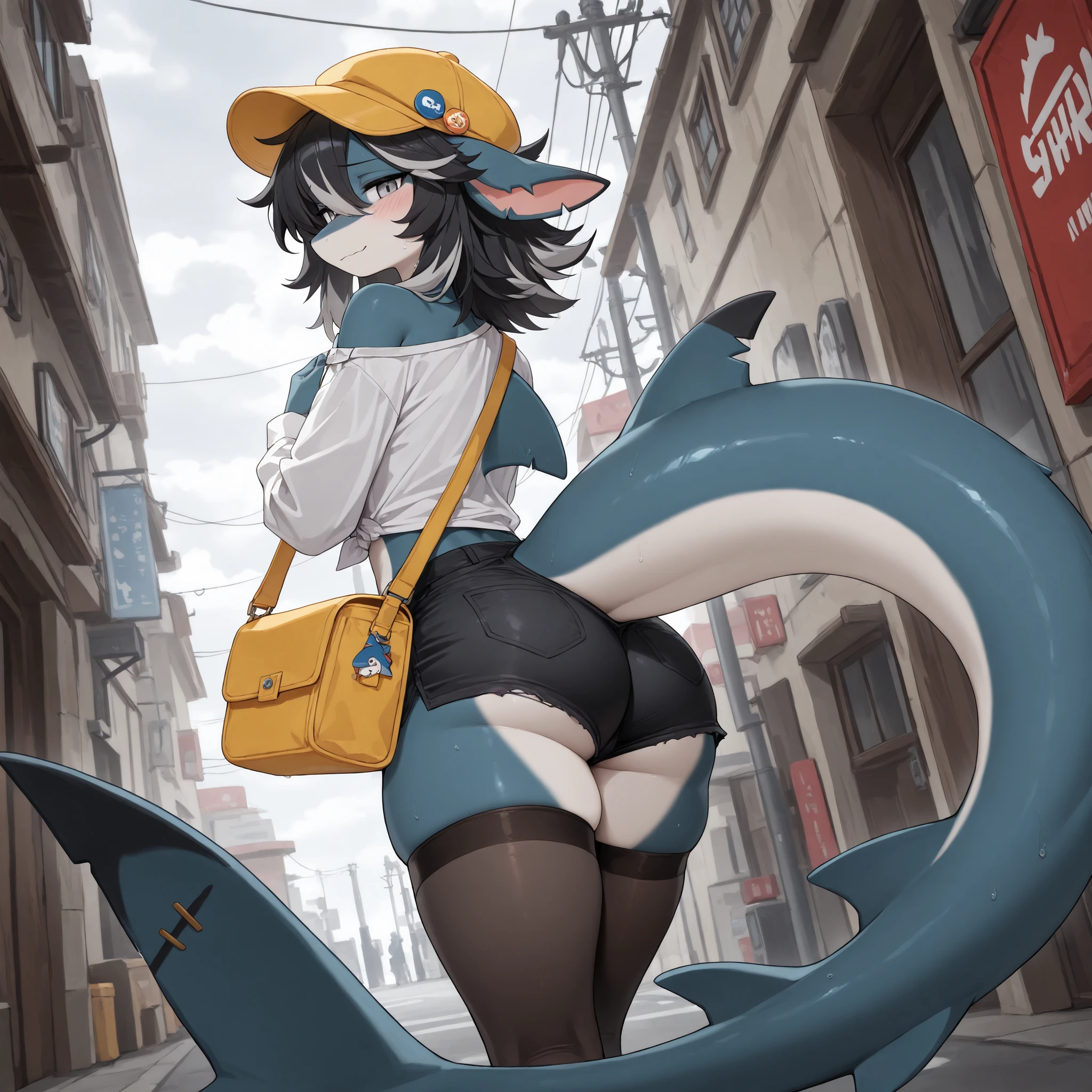 (Masterpiece, Best quality:1.2), (back angle), street, cloudy, gray sky, detailed shadows, detailed lighting, dark lighting, adult, (broad shoulders), 1boy, solo, silver eyes, black hair, silver highlights on hair, medium hair, hair over whole head, (angular fringed) hair, anthro furry, shark, shark skin, (pointed shark ears), shark tail, light blue skin, [flat chest], thick thighs, medium ass, [medium body], curvy, cute, jitome, (femboy, feminine boy), wearing yellow hat (flat cap), exposed shoulder, long sleeves, white ((button shirt)), pin on hat, yellow shoulder bag, delivery bag, black cutoff shorts, stockings, (shy), outside, standing up, [bubble butt], stockings, looking at viewer, dinamic pose, (very detailed body, face, tail, arms, hands, legs, head and eyes), from back, soft smile