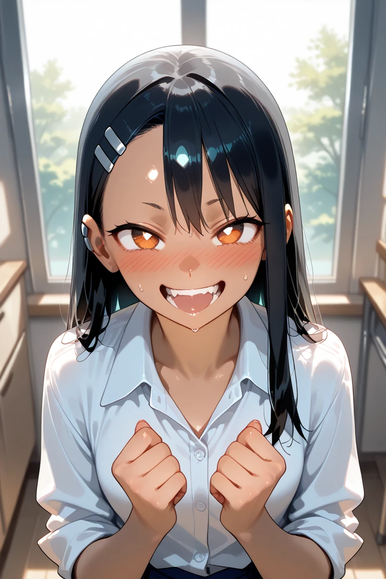 nagatoro_hayase, brown eyes, black hair, long hair, dark skin, dark-skinned female, tan, tanlines, hairclip, , white shirt, collared shirt, pleated skirt,,pov_deepthrt, blsdp, balls deep, throatfuck