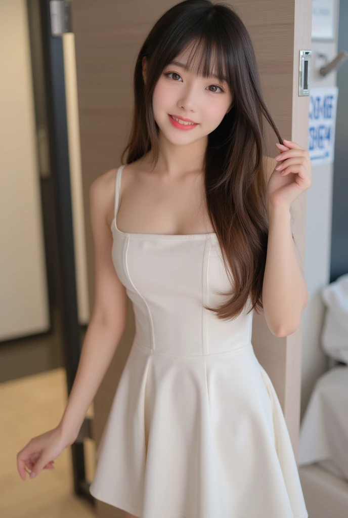 (Detailed skin:1.2),(Shiny skin:1.1),8k,highest quality, masterpiece, Ultra-high resolution,(Realistic:1.4), RAW Photos,(Soft Saturation:1.3),(Fair skin:1.2),Japanese Idols,repair,20 years, Brown Hair, Medium Hair, Asymmetrical Hair, Wavy Hair, Perfect Anatomy,
 (Pretty face:1.4), (Big Breasts, Tight waist), Beautiful lighting, Small Head,
(White or black mini dress:1.2,), Highly detailed face, Highly detailed lips, fine grain, double eyelid,, ((Full Body Shot)), Sharp focus: 1.2, Beautiful woman with perfect figure: 1.2、Random Pause，Accentuate the lines of your legs、smile、