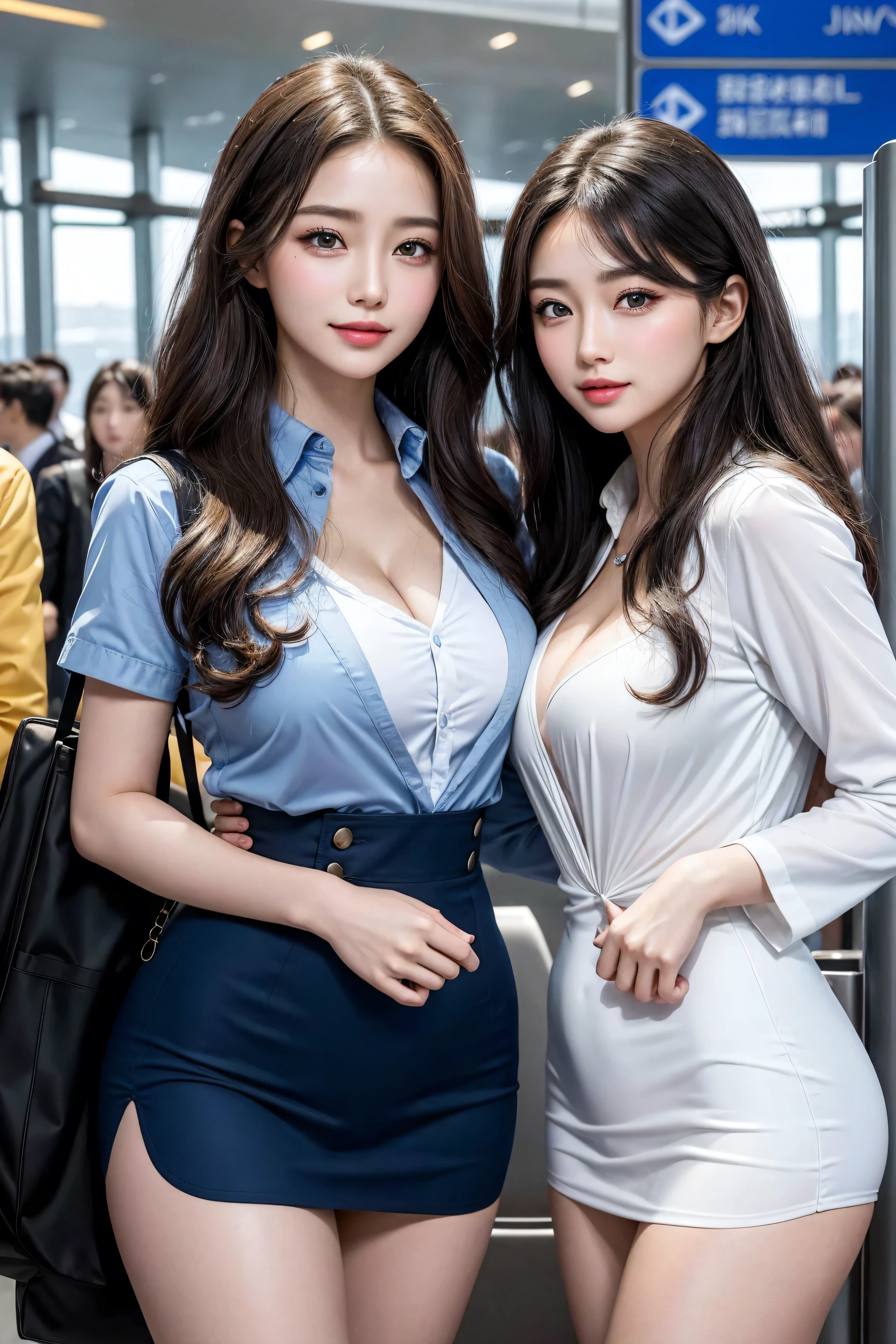 ((2Womans:1.5)),(RAW Photo, Best Quality),(Realistic,Photo Realistic:1.3),Best Quality,Highly Detailed,Masterpiece, Ultra Detailed,Extremely Detailed CG Unified 8k Wallpaper,World Mastery Theater,Best Quality,Movie Lights,hi-res screenshot,Detailed Face,beautiful fine face,extremely beautiful face,Miss Japan,anatomically correct,beautiful row of teeth,beautiful fingers,full body,Looking at Viewer,Celebrities,Station Staff,Japanese Mature,50 year old mature woman,Actress face,Beautiful breasts,large breasts,large ass,Thighs,chubby body,((railway company Uniform,Uniform Jacket,Uniform Shirt,Mini-Skirt)),((inside the station,standing pose,two people standing side by side,Showcasing cleavage,Half smile,Natural lighting:1.3)),((No text))