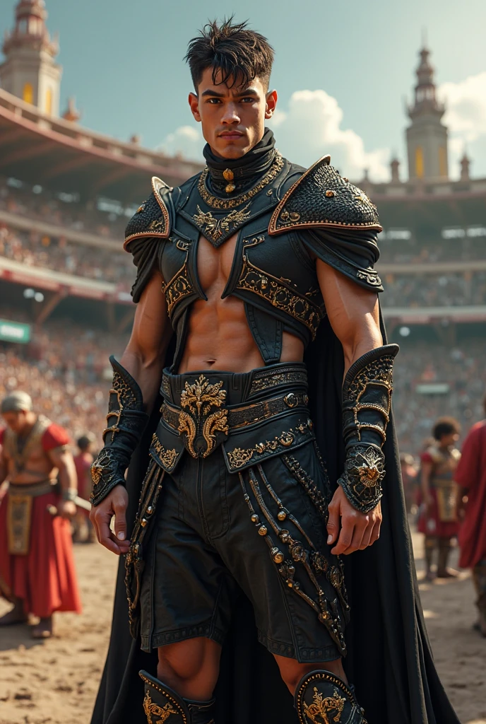 (best quality, masterpiece, ultra detailed:1.2), Mighty gladiator, chest uncovered, lower body revealed from thighs to feet, short hair, Background: Colosseum during a spectacular sunset, handsome male, detailed black eyes, sexualized, erotic, majestic, specular lighting, rim light, sweat, homoerotic, underwear, sword in hand, battle ready,