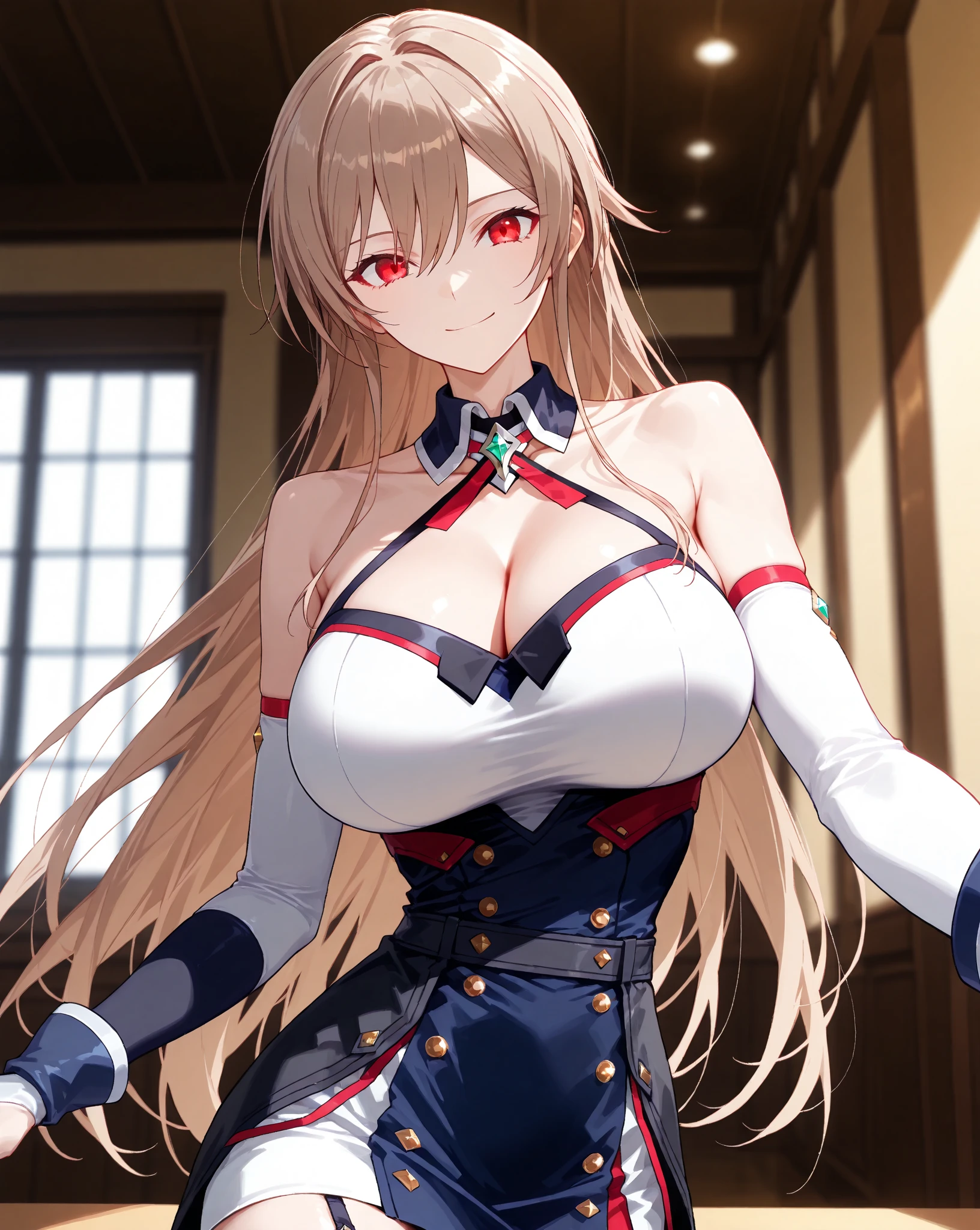 alisa reinford,side ponytail,sen3alisa,scrunchie,choker,white jacket,white dress,red belt,indoor room,light smile,(large breasts:1.5),shiny,hair,((solo)),((masterpiece)),((best quality)),perfect anatomy,slim waist,perfect image,8k UHD,(beautiful detailed eyes:1.5),extremely detailed face,standing,(upper body:1.1),(look at the front:1.2),arms behindback,ultra-detailed,absurdres,highres,(shiny hair),(red eyes:1.2),(blonde hair),cleavage,
