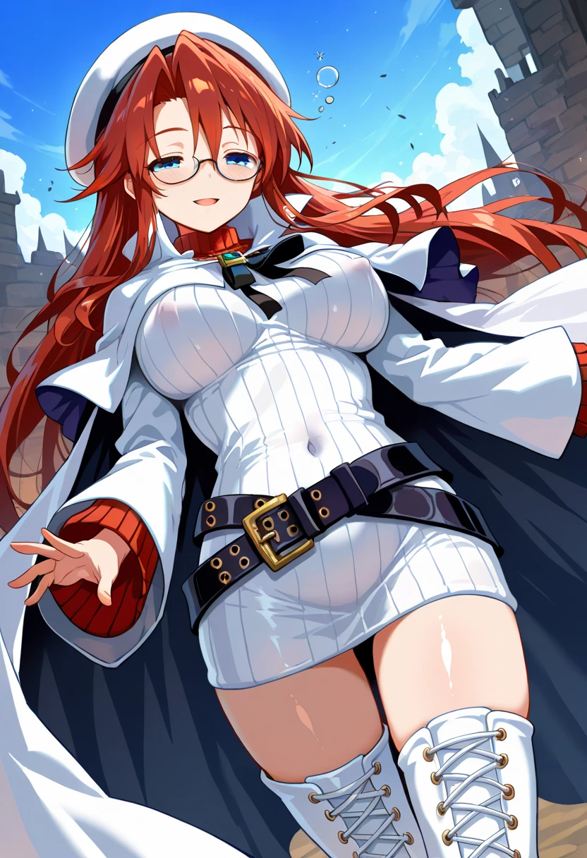 summonnightaty, aty, (young:1.3),long hair, blue eyes, red hair, big_, hat, glasses,
BREAK long hair, thighhighs, hat, dress, nakes, glasses, belt, cape, sweater, zettai ryouiki, beret, thigh boots, white footwear, ribbed sweater, loose belt,solo,
BREAK outdoors, fantasy,
,Highquality_hads,perfect_fingers,
BREAK (masterpiece:1.2), best quality, high resolution, unity 8k wallpaper, (illustration:0.8), (beautiful detailed eyes:1.6), extremely detailed face, perfect lighting, extremely detailed CG, (perfect hands, perfect anatomy),covered_nipples,cnavel ,half_eyes,long_sword,sleepy_eyes,red_sweater,apart_knees,magical_effect,spread_legs, have_a_book,teacher,rise_knee,Smile,rise_hand,look_down_viewer,spread_arms,,looking_into,plump,open_mouth, dynamic_posing,solo,in_Emodern_town_landscape,night_sky,solo