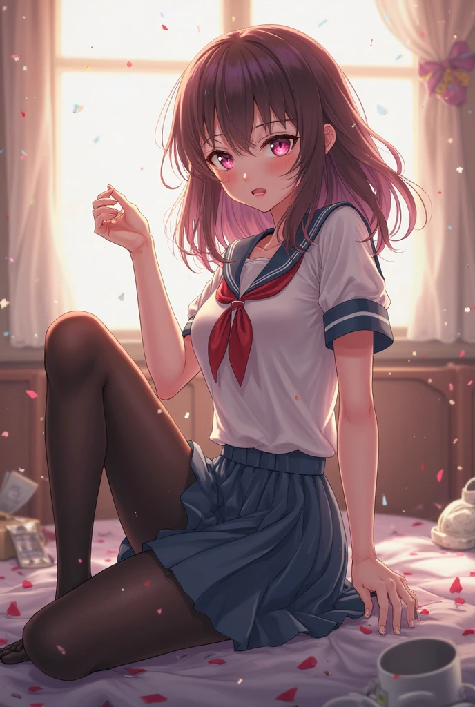 ((Masterpiece, Best Quality)), 1Girl, Solo, JK Skirt, high school girl, pink and white tights, slim, a cup breast, hands supporting her head, lying on a table