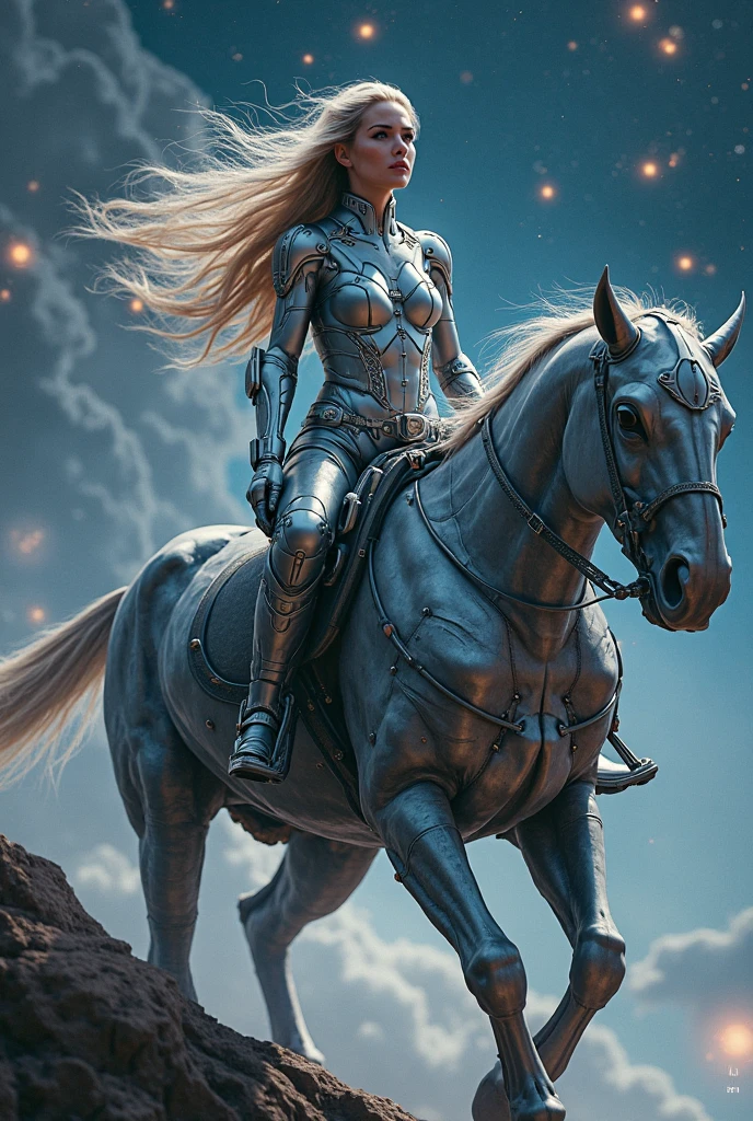 Realistic filming work, the planet Asgard in the science fiction film, Thor's woman riding a steel mechanical horse, ((the horse has mechanical skeletons, complex wires, complex metal structure)), bad smile, long hair, delicate face, gorgeous walking stick, bioluminescence