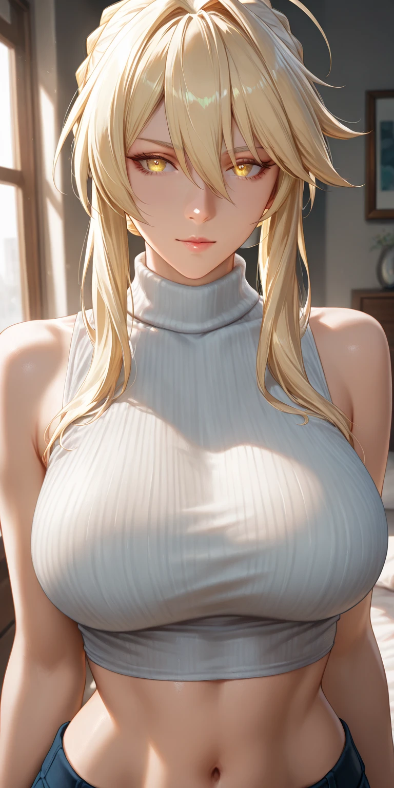 1 girl, off the shoulder,(white bodysuit ),facilitates, without sleeves,huge pectoral muscle,big buttocks,slight smile, shiny skin, Best quality, masterpiece,