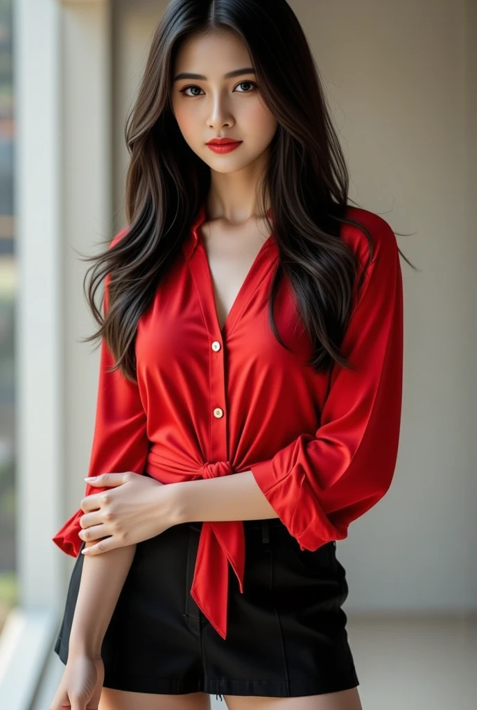8k, RAW photo, top quality, masterpiece: 1.2), (realistic, photorealistic: 1.37), 1 girl, Japan, very beautiful face, freckled glossy face, 18 years old, female, professional lighting, photon mapping, radiosity, big, frugal, thin lashes, pink lip, slender, crotch, big, red blouse, red pants --auto --s2