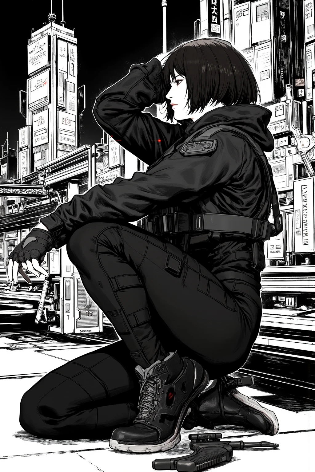 Kanji, realistic cyberpunk hacker woman, wearing a cyberpunk trenchcoat, cyberpunk architecture mega city, KANv3